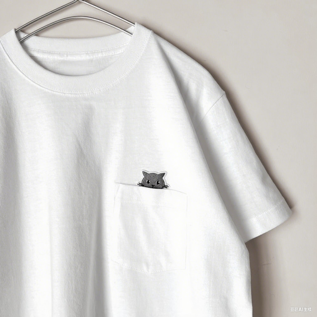 大人かわいいTシャツ 刺繍ワッペン グレー猫のポケットTシャツ 白ホワイト メンズ レディース