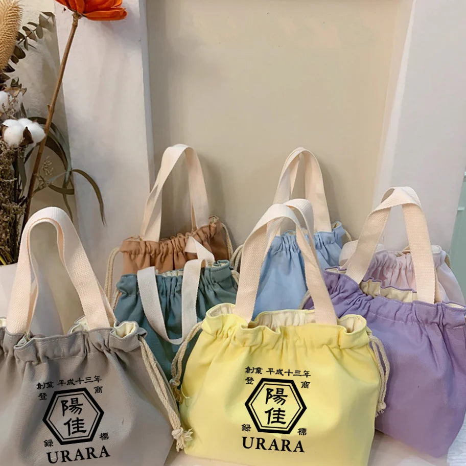 和風商店柄 キャンバストートバッグ|レディース エコバッグ 巾着付き 手提げ 通勤通学 お買い物 お弁当用