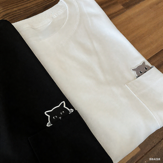大人かわいいTシャツ 刺繍ワッペン グレー猫のポケットTシャツ 白ホワイト メンズ レディース