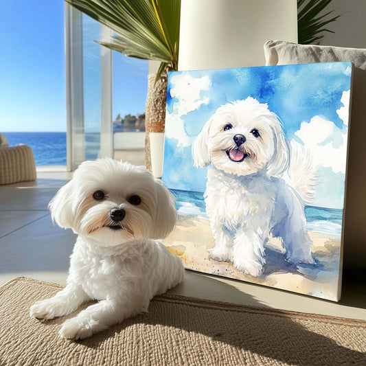 🌟夏のビーチ水彩画風 ペットポートレート カスタムペット似顔絵