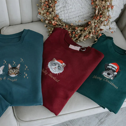 オーダーメイドペット刺繍クリスマススウェットシャツ ペット写真刺繍 ペットポートレート クリスマスギフト（ブルー・ワインレッド・ダークグリーン 3 色展開）