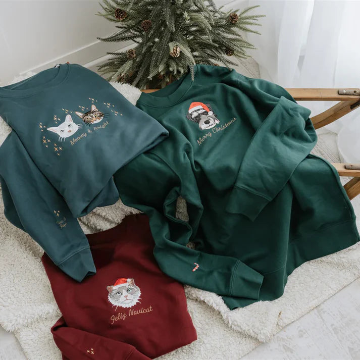 オーダーメイドペット刺繍クリスマススウェットシャツ ペット写真刺繍 ペットポートレート クリスマスギフト（ブルー・ワインレッド・ダークグリーン 3 色展開）