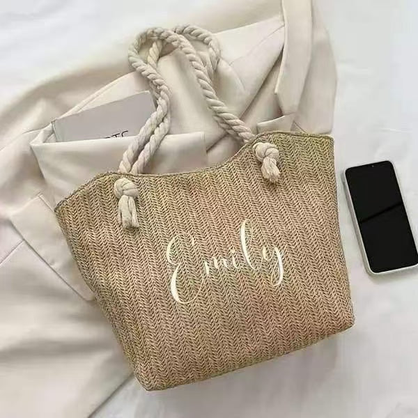 【Pawlistyle 刺繡】名入れ 刺しゅう かごバッグ｜ストローバッグ 英字 フレンチスタイル｜ビーチ 誕生日プレゼント 夏ギフトに