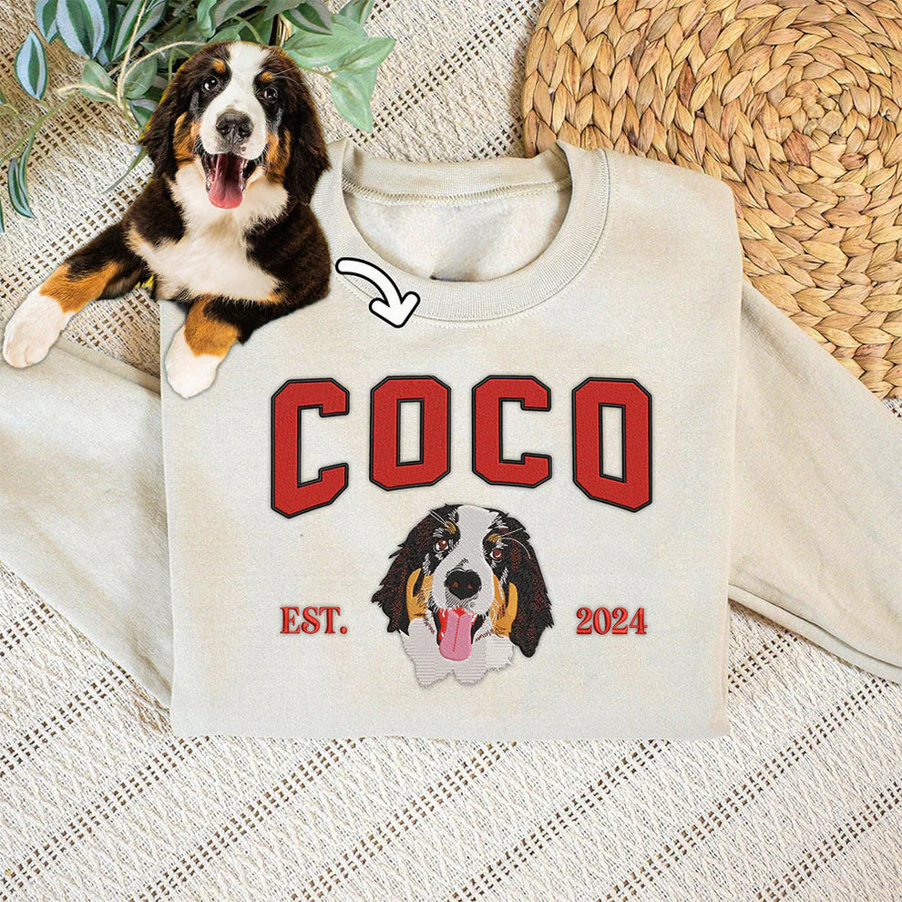 オーダーメイドペット刺繍スウェットシャツ 愛犬愛猫写真刺繍 ペットポートレート 限定カラー（ダークグリーン・グレー・ベージュ・ブラック）
