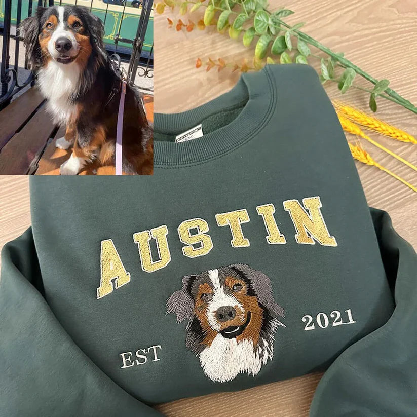 オーダーメイドペット刺繍スウェットシャツ 愛犬愛猫写真刺繍 ペットポートレート 限定カラー（ダークグリーン・グレー・ベージュ・ブラック）