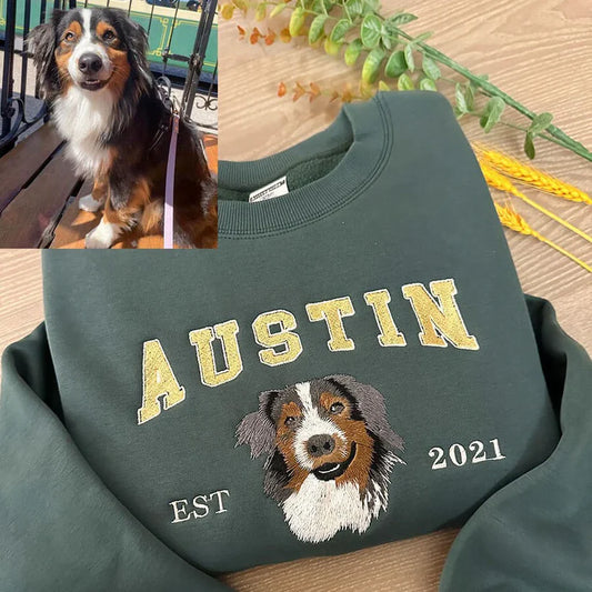 オーダーメイドペット刺繍スウェットシャツ 愛犬愛猫写真刺繍 ペットポートレート 限定カラー（ダークグリーン・グレー・ベージュ・ブラック）