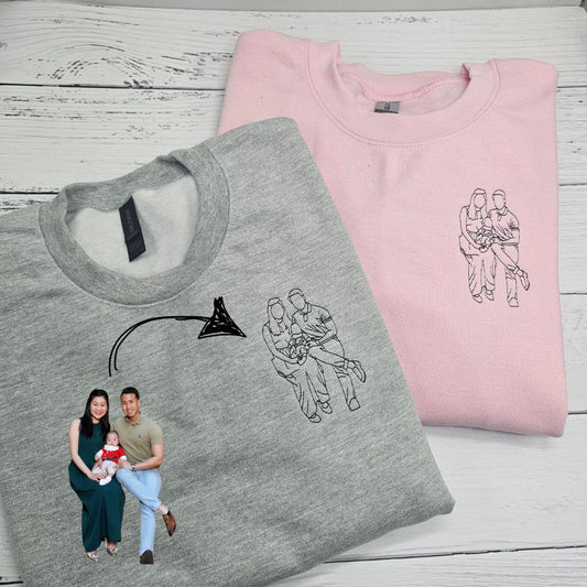 オーダーメイド ラインドローイング刺繍スウェットシャツ｜思い出を刻む個性的デザイン グレー・ブラック・ピンク・ホワイト 4 色展開 記念日ギフト