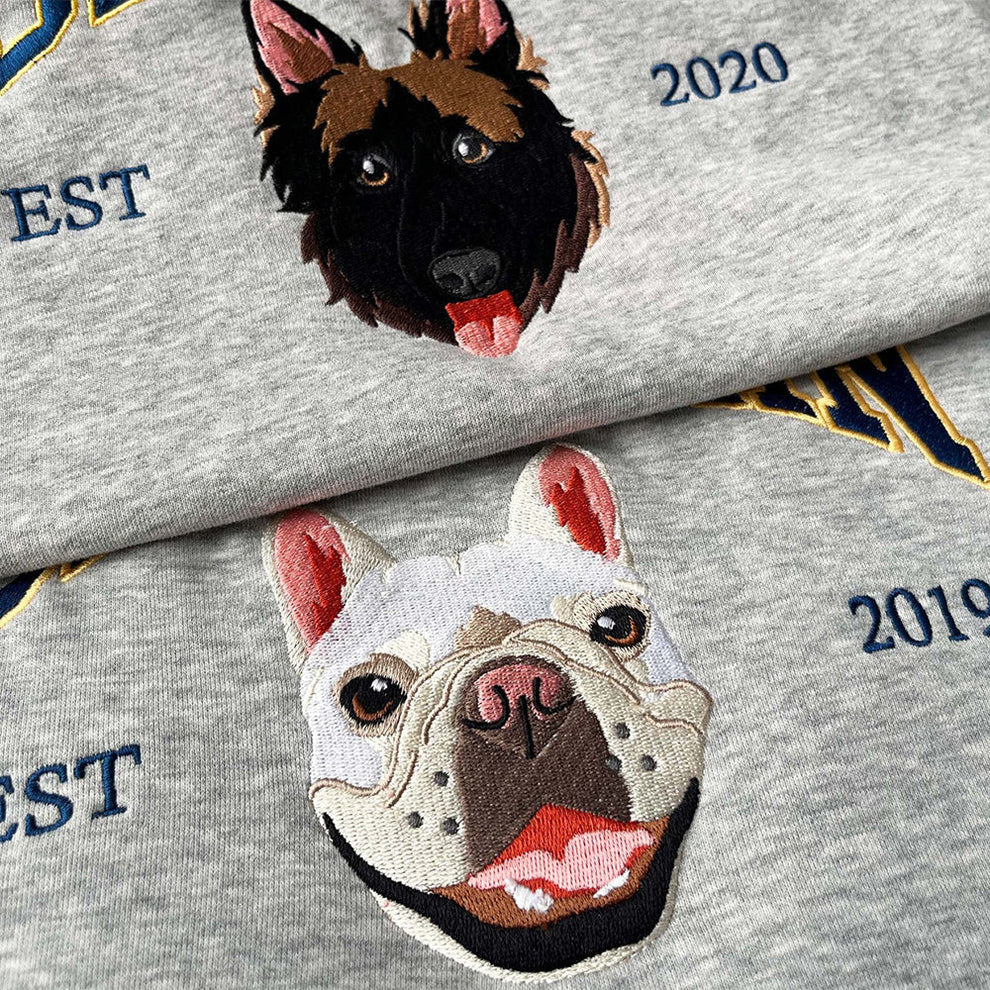 オーダーメイドペット刺繍スウェットシャツ 愛犬愛猫写真刺繍 ペットポートレート 限定カラー（ダークグリーン・グレー・ベージュ・ブラック）