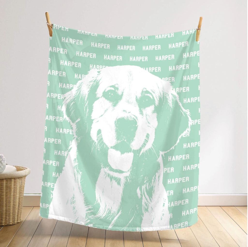 ペットカスタムブランケット ドッグ グリーン フランネル素材 名前+写真カスタム