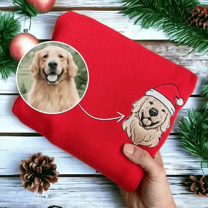 オーダーメイドペット刺繍クリスマススウェットシャツ ペット写真刺繍 ペットポートレート クリスマスギフト（ブルー・ワインレッド・ダークグリーン 3 色展開）